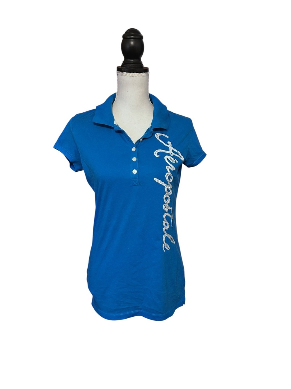 Aeropostale Embroidered Polo Shirt Womens L Blue Preppy 90s Classic Boho Retro